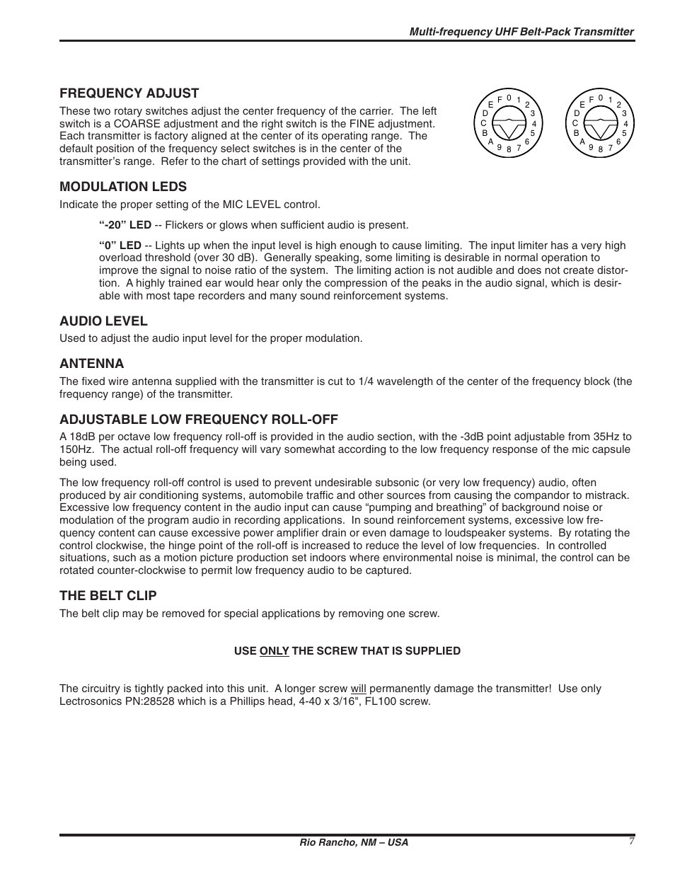 Frequency adjust, Modulation leds, Audio level | Antenna, Adjustable low frequency roll-off, The belt clip | Lectrosonics UM110 User Manual | Page 7 / 16