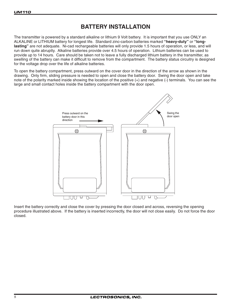 Battery installation | Lectrosonics UM110 User Manual | Page 8 / 16