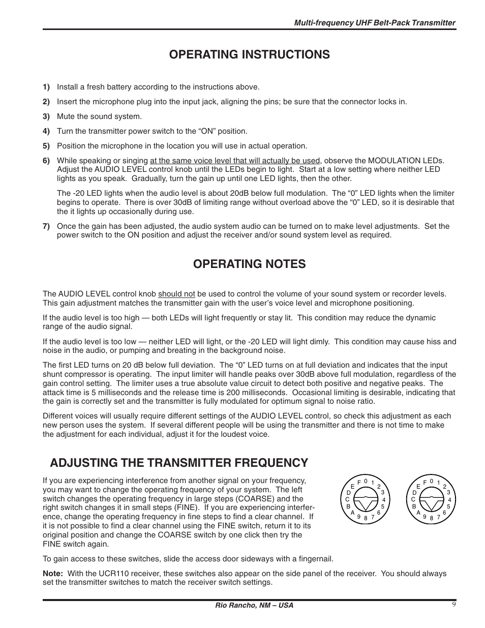 Operating instructions, Adjusting the transmitter frequency | Lectrosonics UM110 User Manual | Page 9 / 16