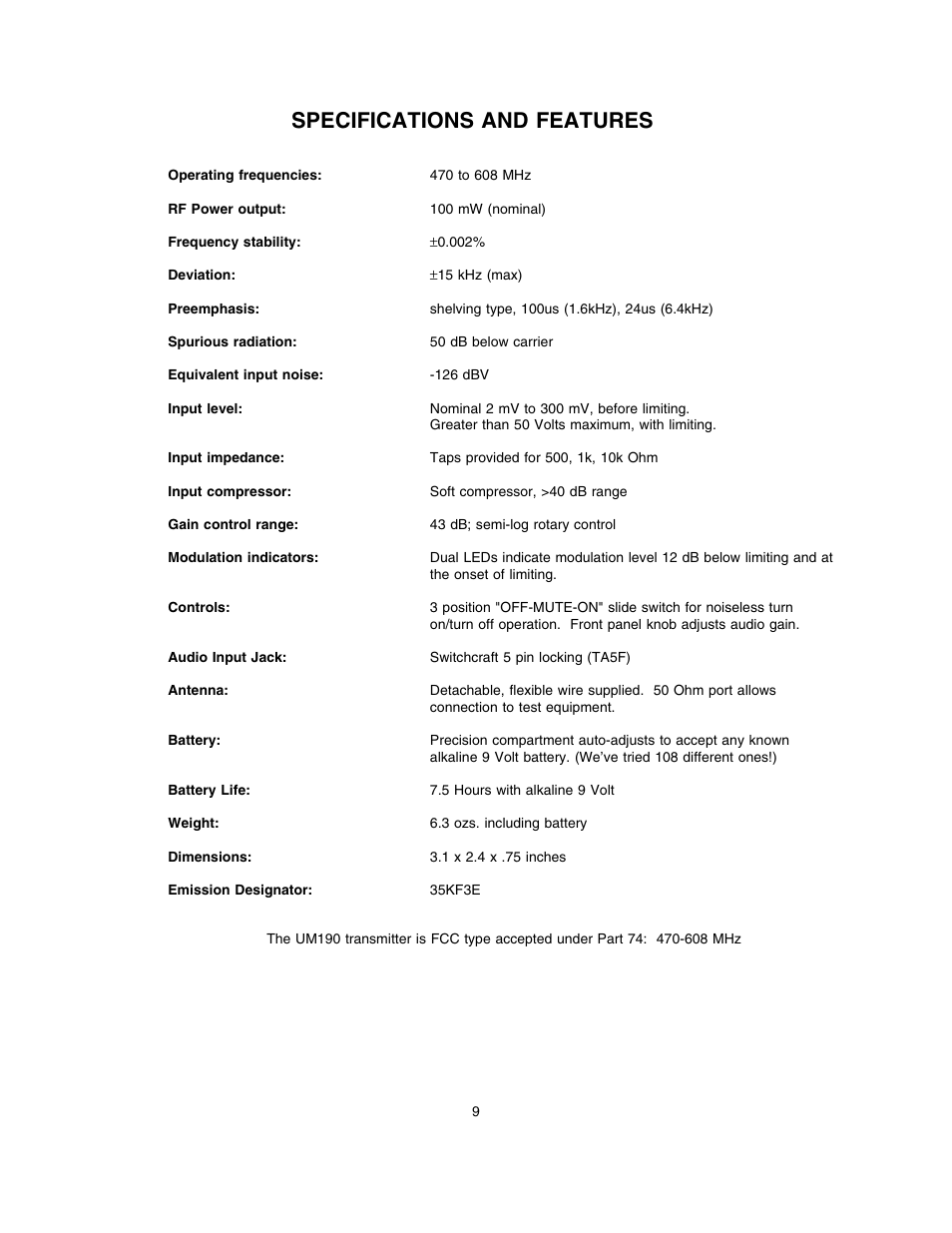 Specifications and features | Lectrosonics UM190 User Manual | Page 10 / 12