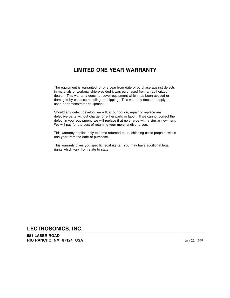 Limited one year warranty, Lectrosonics, inc | Lectrosonics UM190 User Manual | Page 12 / 12