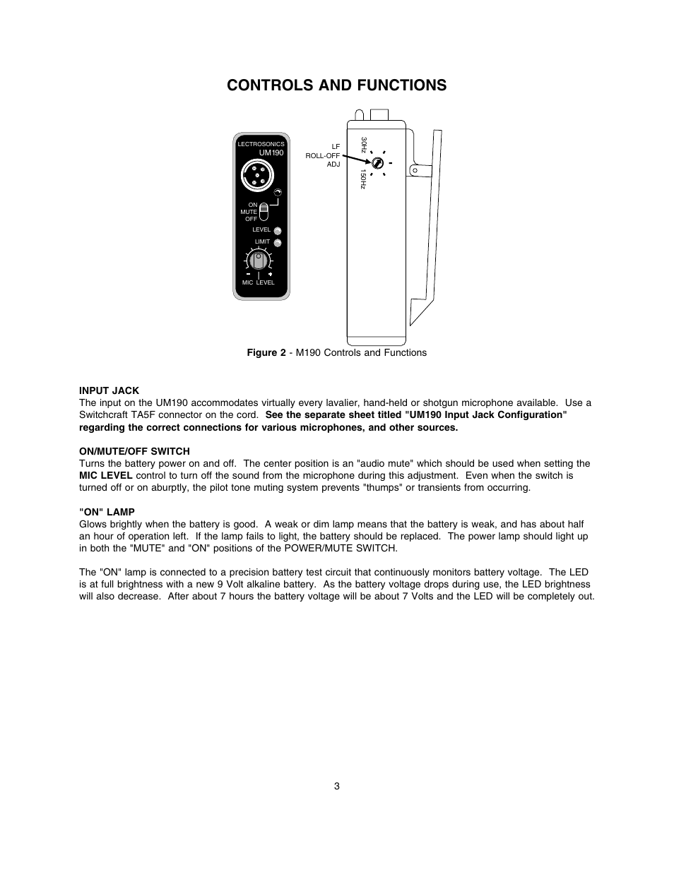 Controls and functions | Lectrosonics UM190 User Manual | Page 4 / 12