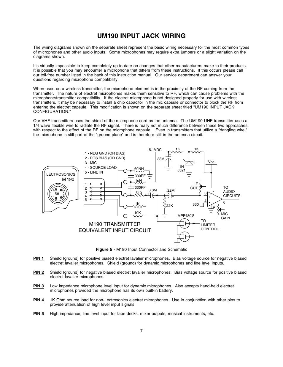 Um190 input jack wiring, M190 transmitter equivalent input circuit | Lectrosonics UM190 User Manual | Page 8 / 12