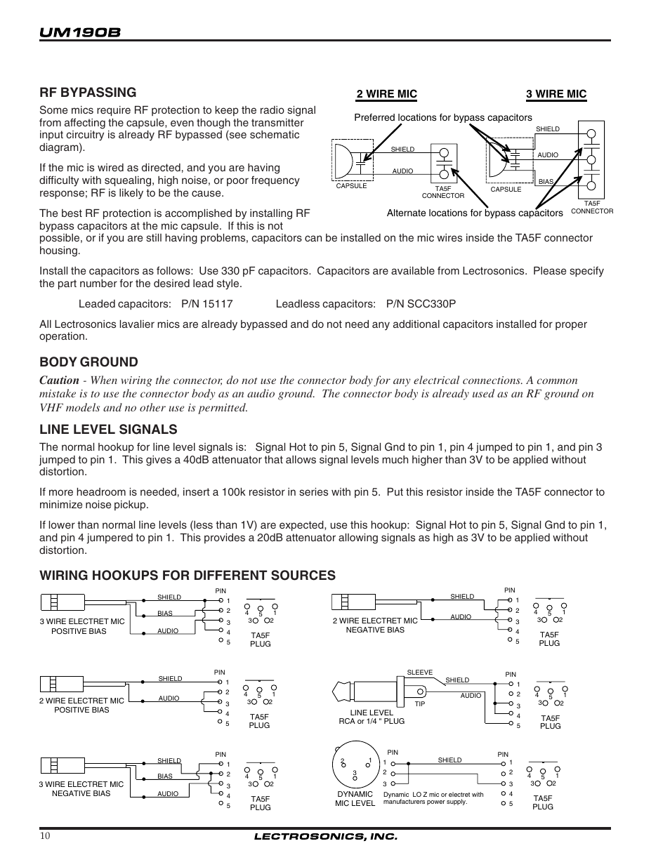 Rf bypassing, Body ground, Line level signals | Wiring hookups for different sources | Lectrosonics UM190b User Manual | Page 10 / 14