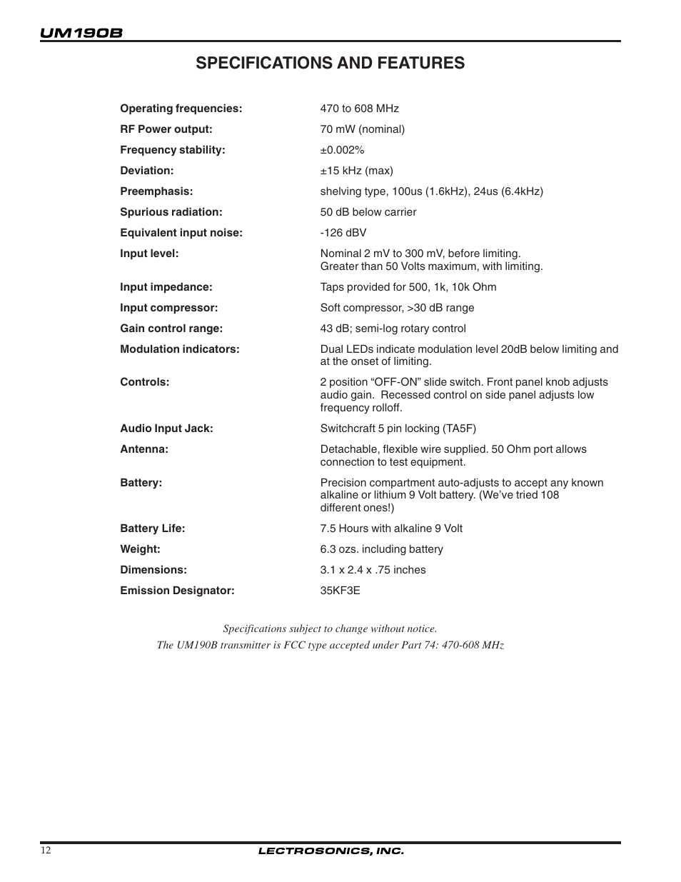 Specifications and features | Lectrosonics UM190b User Manual | Page 12 / 14