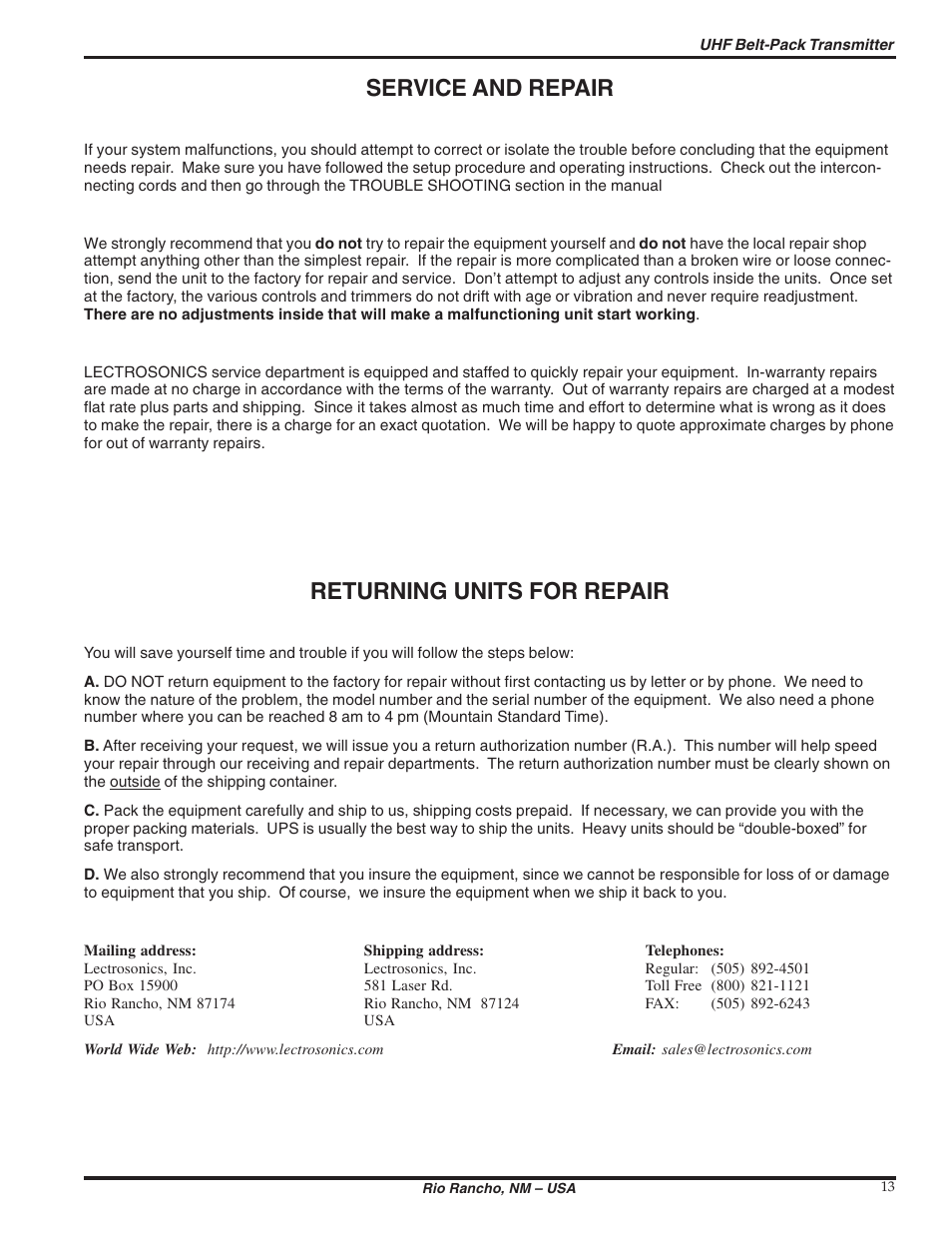 Service and repair, Returning units for repair | Lectrosonics UM190b User Manual | Page 13 / 14