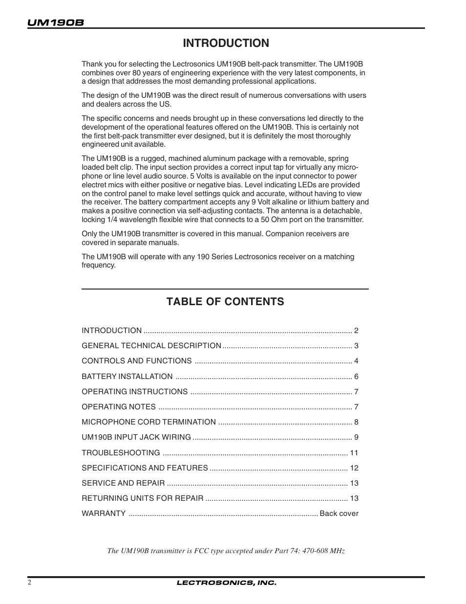 Lectrosonics UM190b User Manual | Page 2 / 14