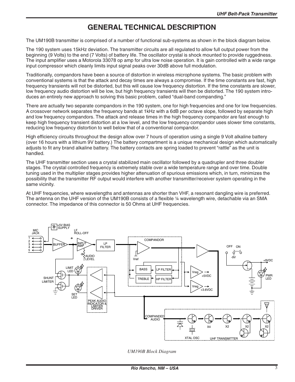 General technical description, Uhf belt-pack transmitter, Um190b block diagram | Rio rancho, nm – usa 3 | Lectrosonics UM190b User Manual | Page 3 / 14