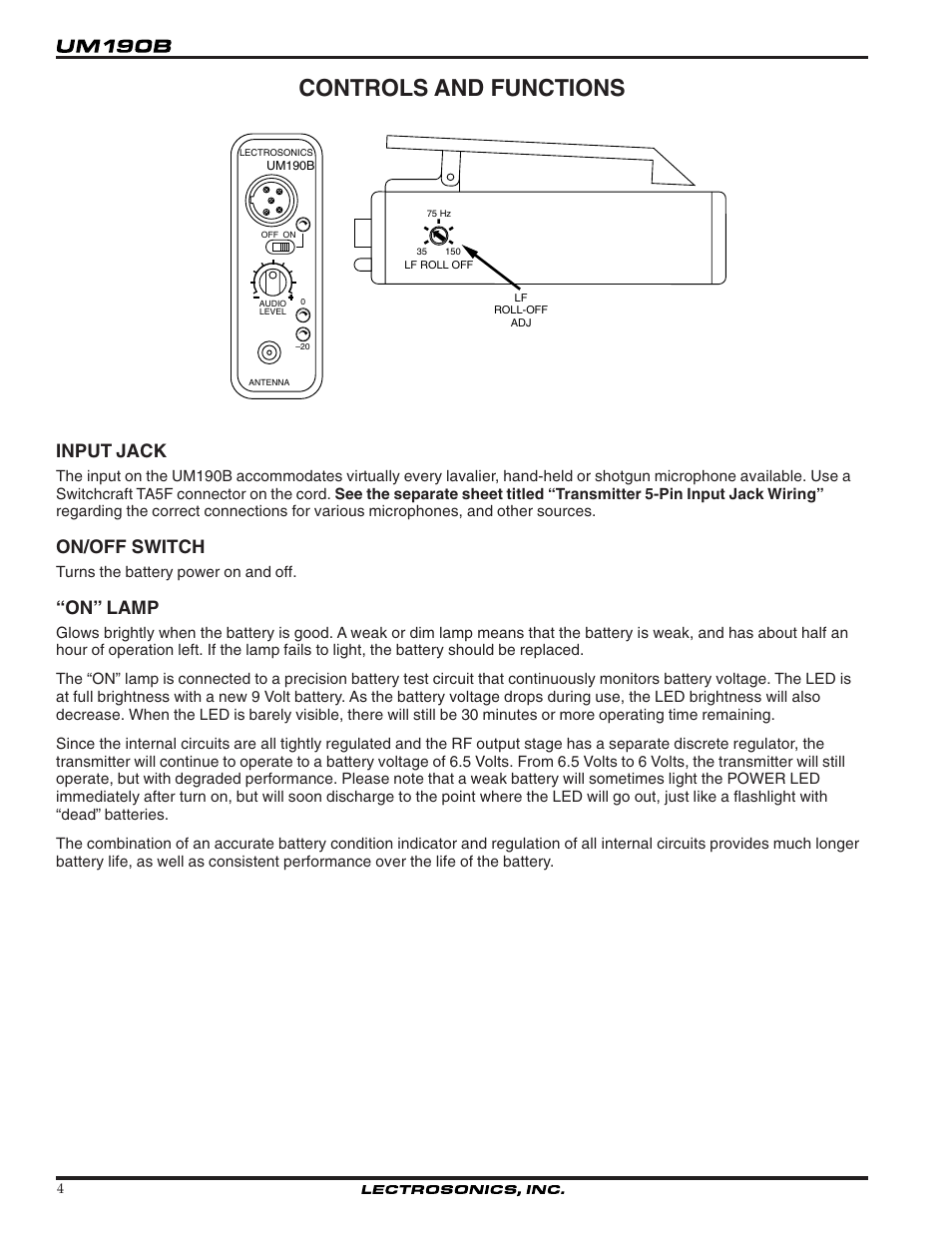 Controls and functions, Input jack, On/off switch | On” lamp | Lectrosonics UM190b User Manual | Page 4 / 14