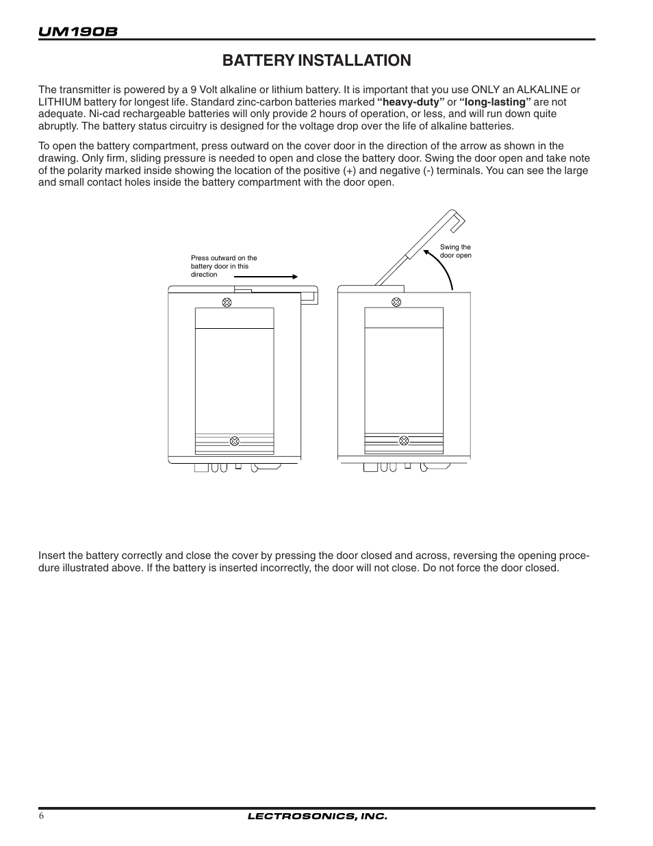 Battery installation | Lectrosonics UM190b User Manual | Page 6 / 14