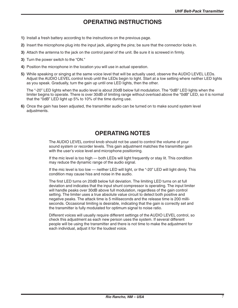 Operating instructions | Lectrosonics UM190b User Manual | Page 7 / 14