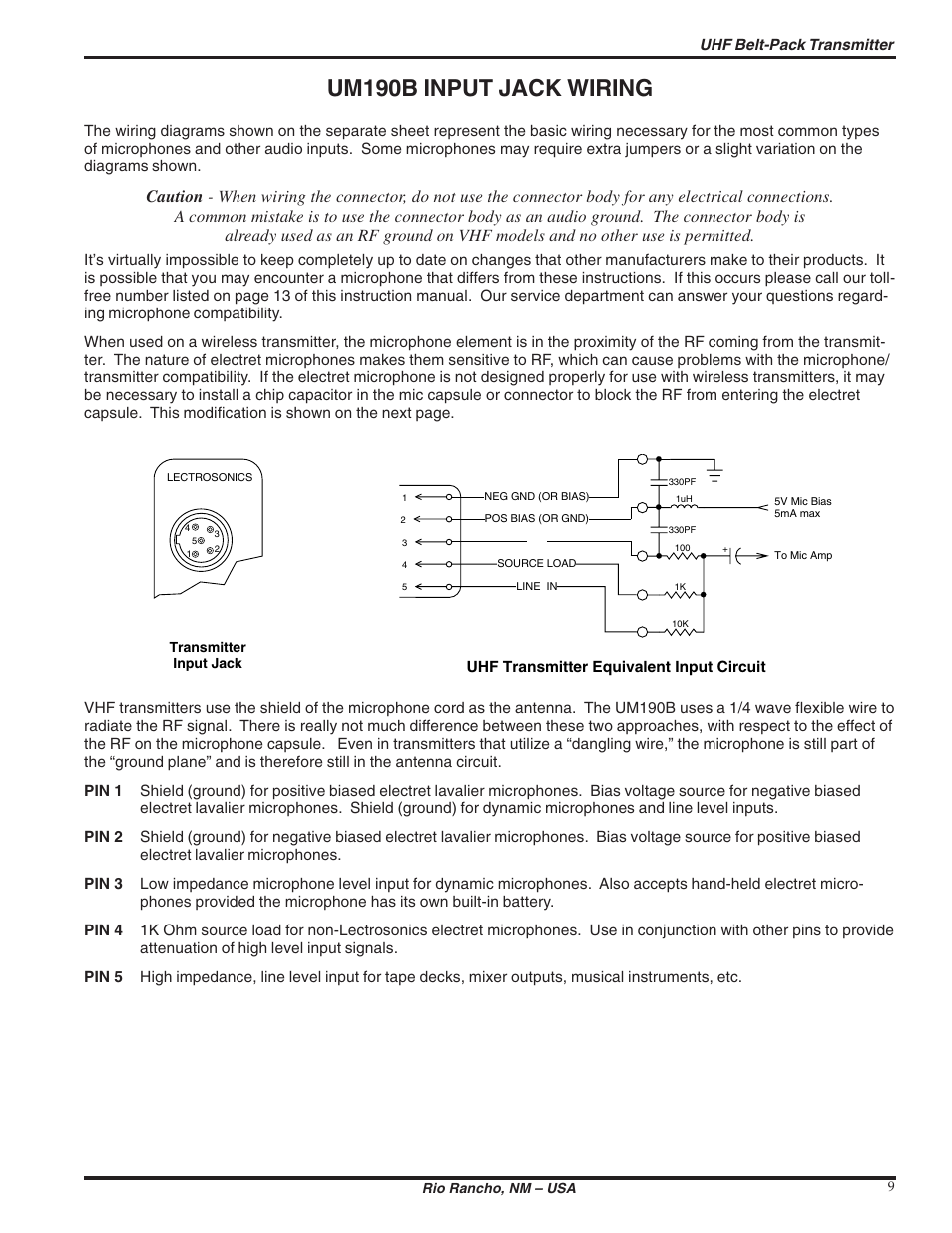 Um190b input jack wiring | Lectrosonics UM190b User Manual | Page 9 / 14