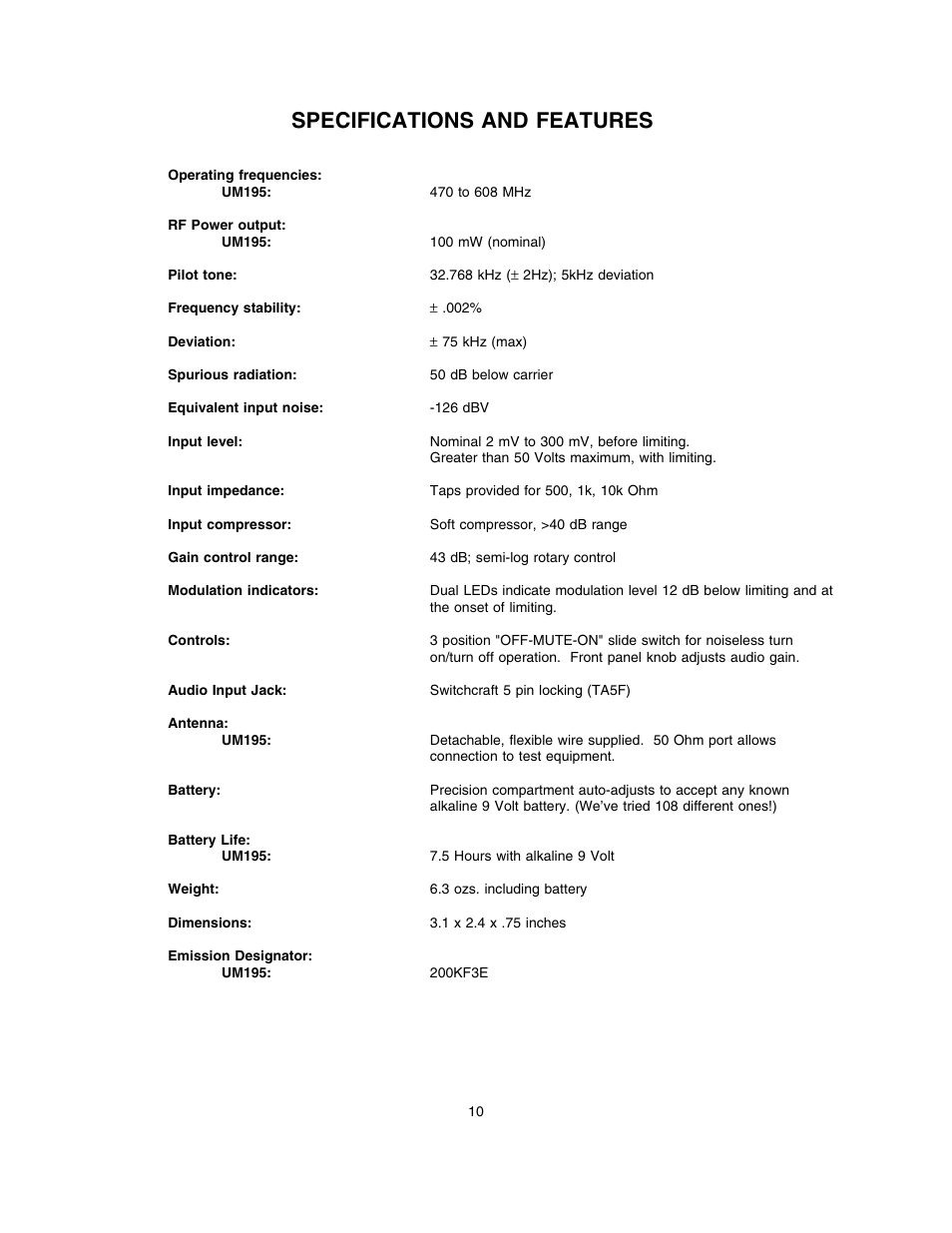 Specifications and features | Lectrosonics UM195 User Manual | Page 12 / 14