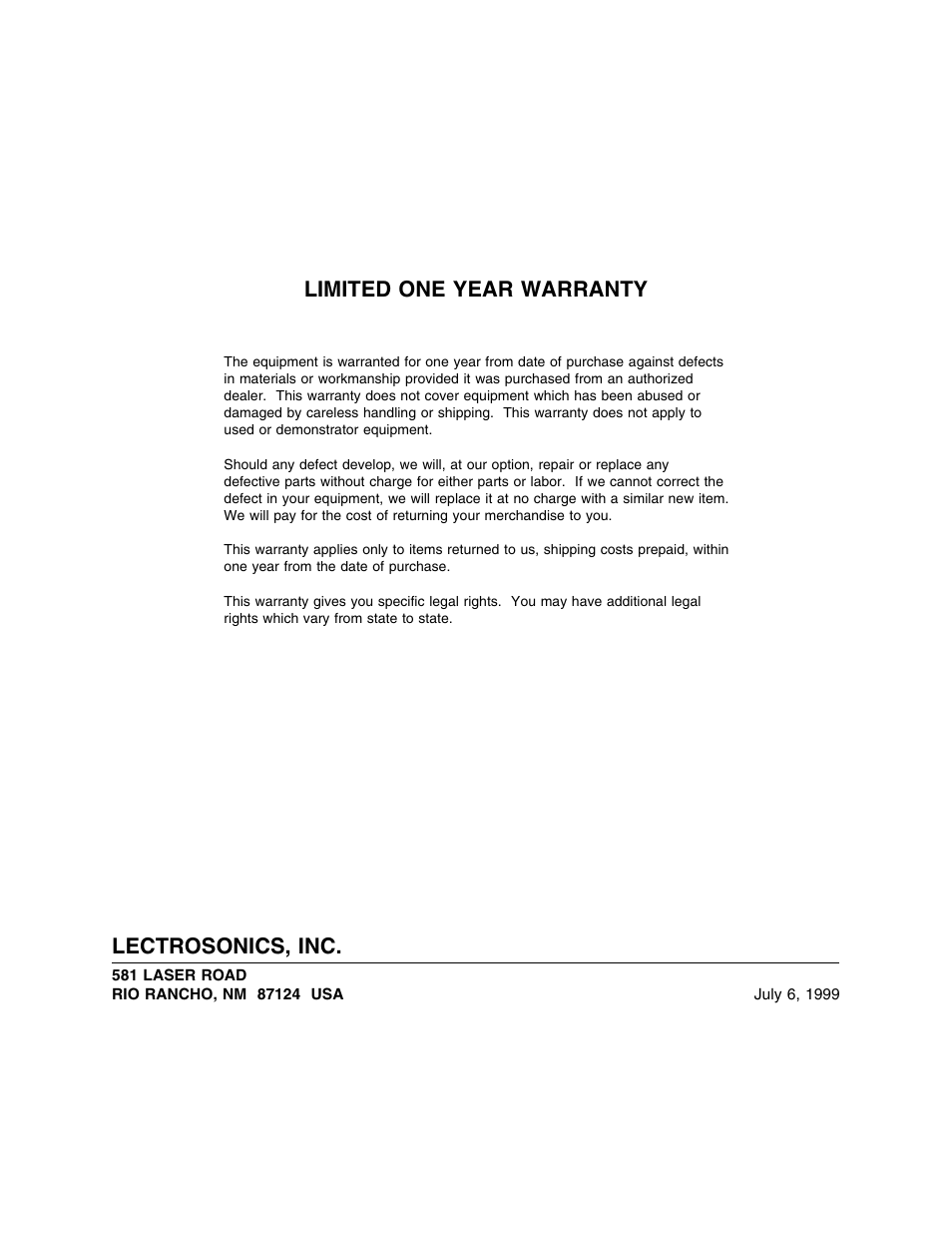 Limited one year warranty, Lectrosonics, inc | Lectrosonics UM195 User Manual | Page 14 / 14