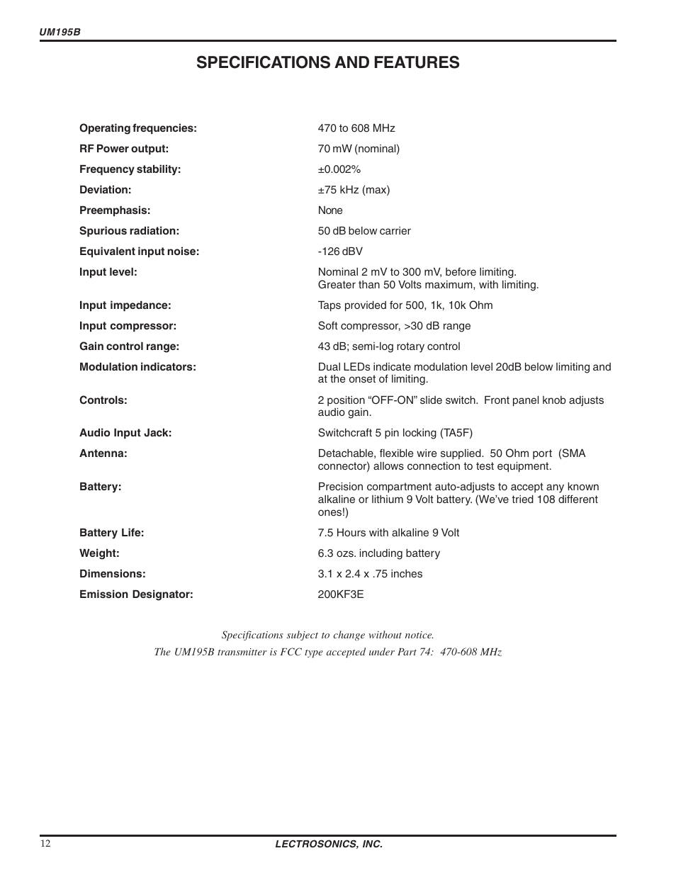 Specifications and features | Lectrosonics UM195b User Manual | Page 12 / 14