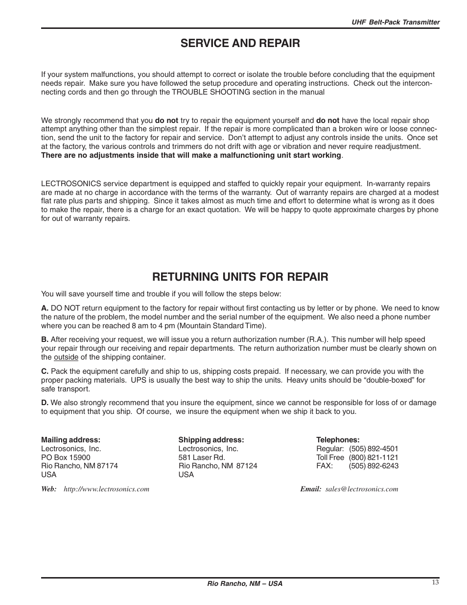 Service and repair, Returning units for repair | Lectrosonics UM195b User Manual | Page 13 / 14