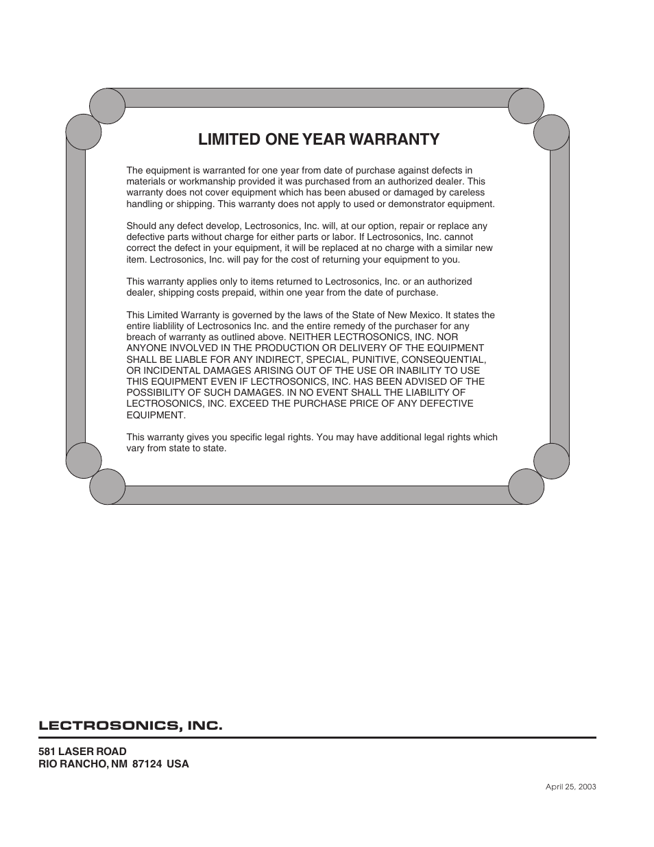 Limited one year warranty | Lectrosonics UM195b User Manual | Page 14 / 14