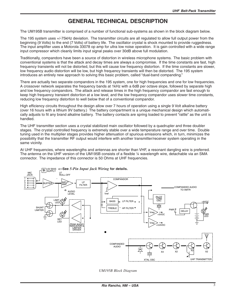 General technical description, Pin input jack wiring, Um195b block diagram | Uhf belt-pack transmitter, For details, Rio rancho, nm – usa 3 | Lectrosonics UM195b User Manual | Page 3 / 14