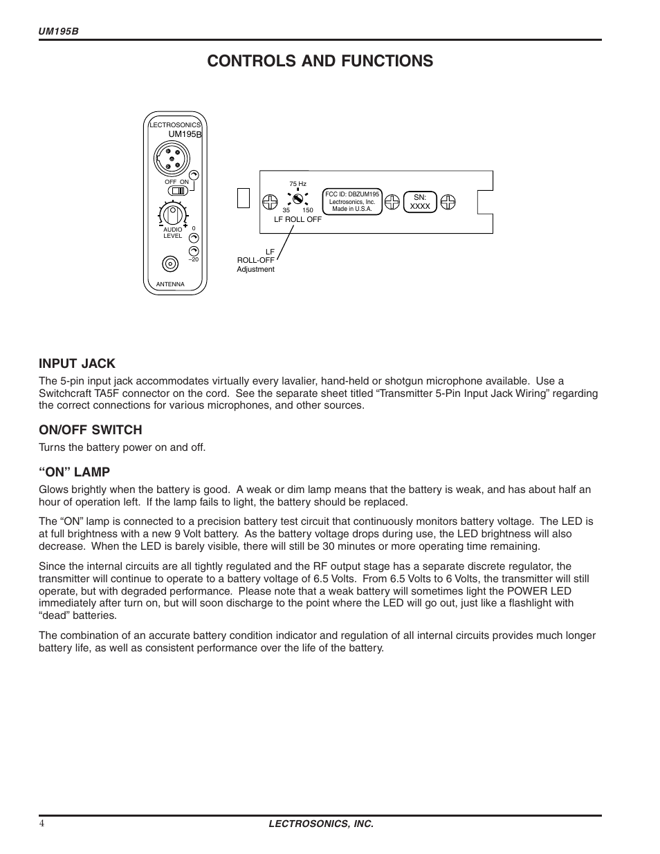 Controls and functions, Input jack, On/off switch | On” lamp | Lectrosonics UM195b User Manual | Page 4 / 14