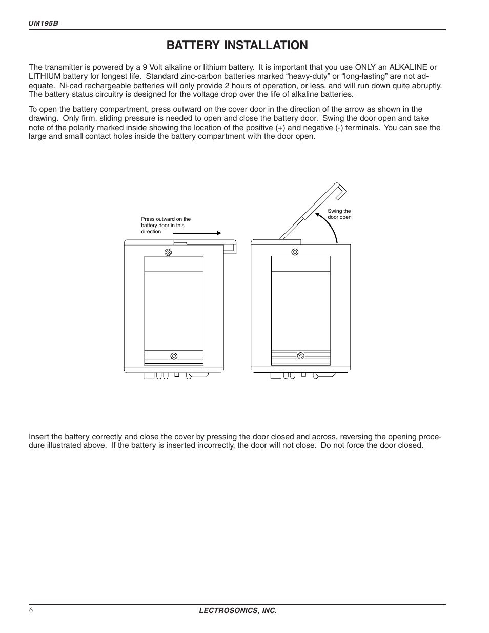 Battery installation | Lectrosonics UM195b User Manual | Page 6 / 14