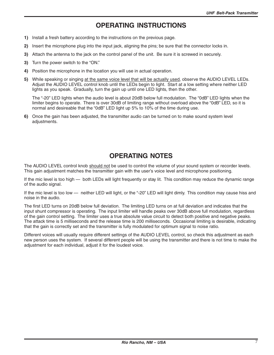Operating instructions | Lectrosonics UM195b User Manual | Page 7 / 14