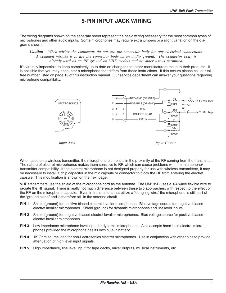 Pin input jack wiring | Lectrosonics UM195b User Manual | Page 9 / 14