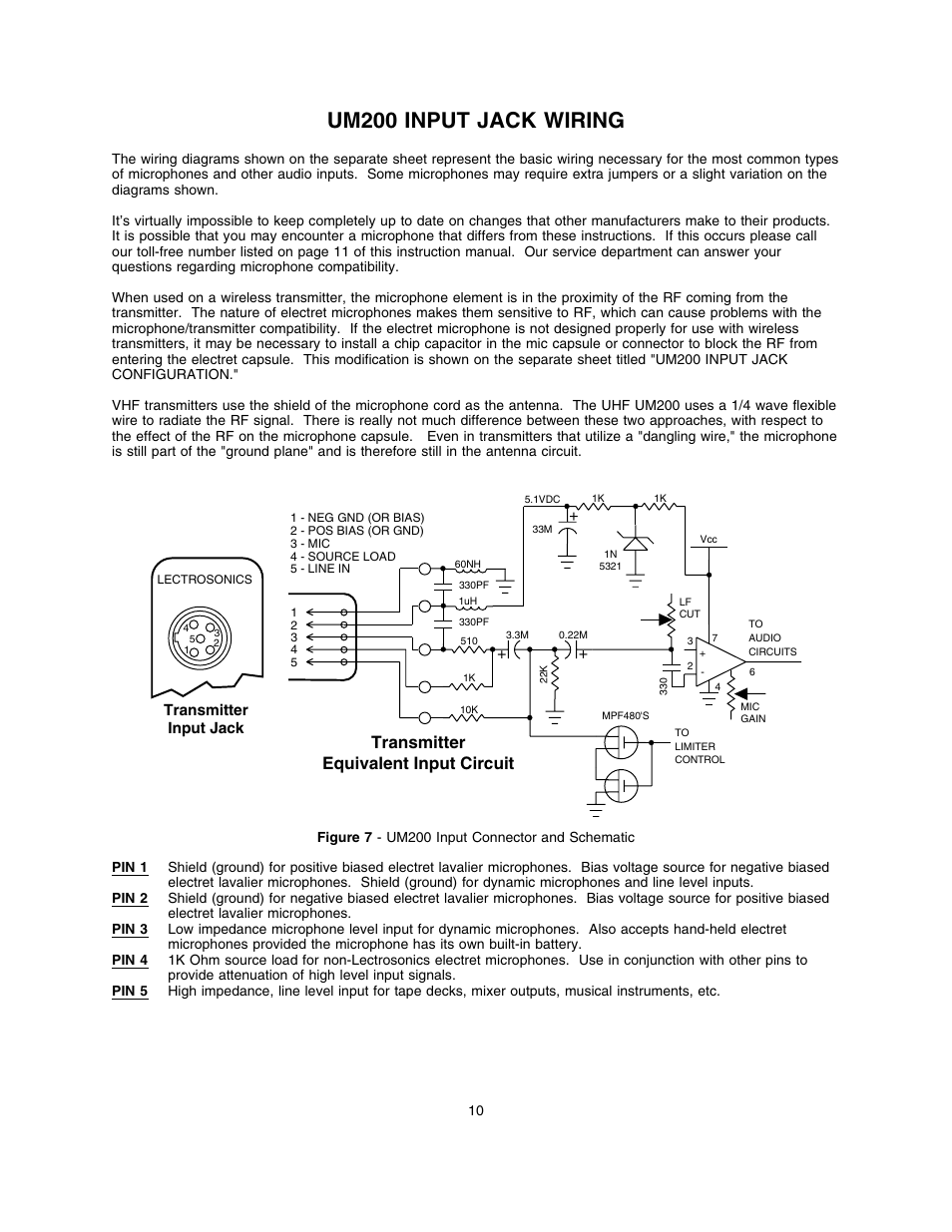 Um200 input jack wiring, Transmitter equivalent input circuit | Lectrosonics UM200 User Manual | Page 10 / 14