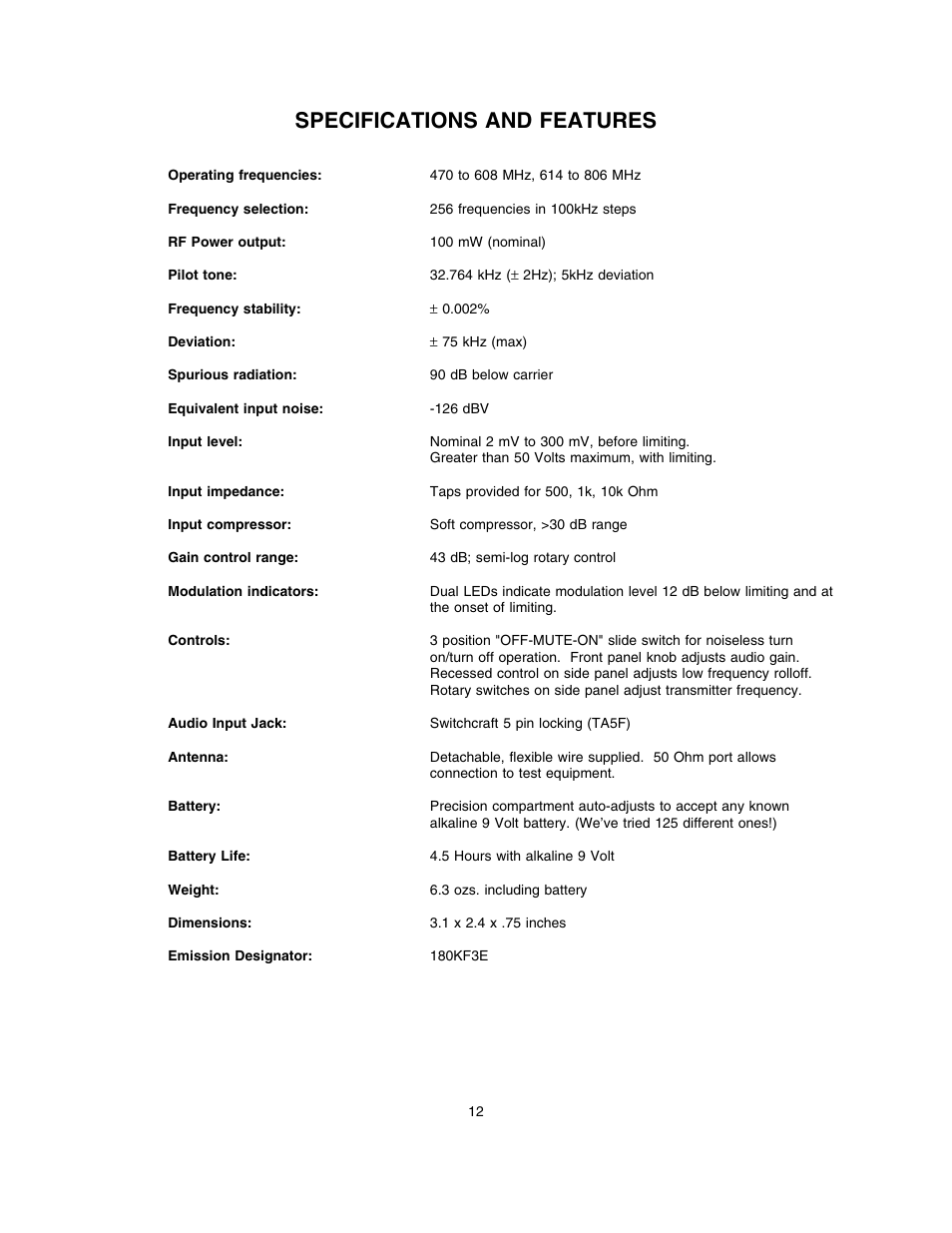 Specifications and features | Lectrosonics UM200 User Manual | Page 12 / 14