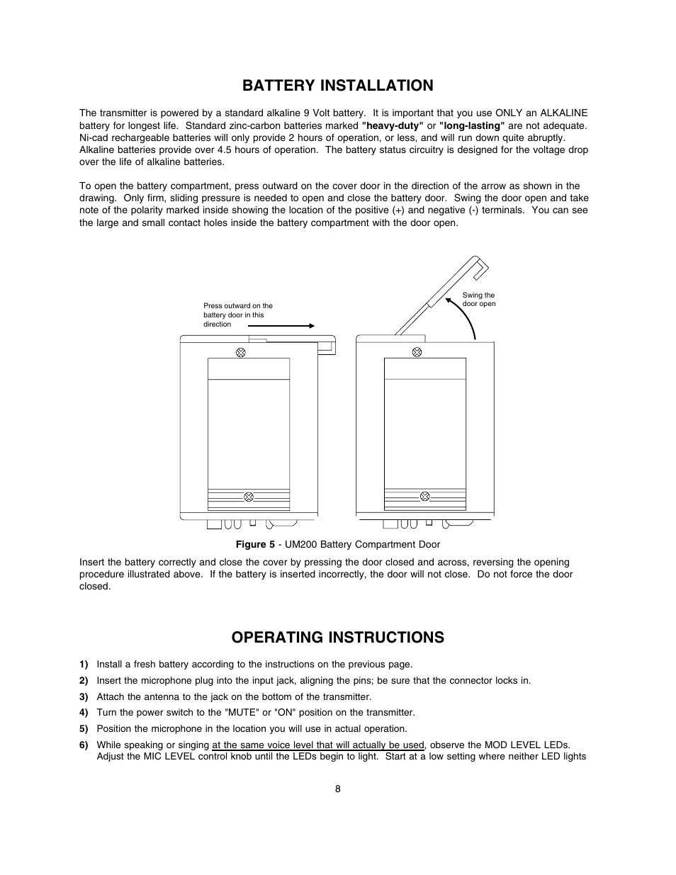 Battery installation, Operating instructions | Lectrosonics UM200 User Manual | Page 8 / 14