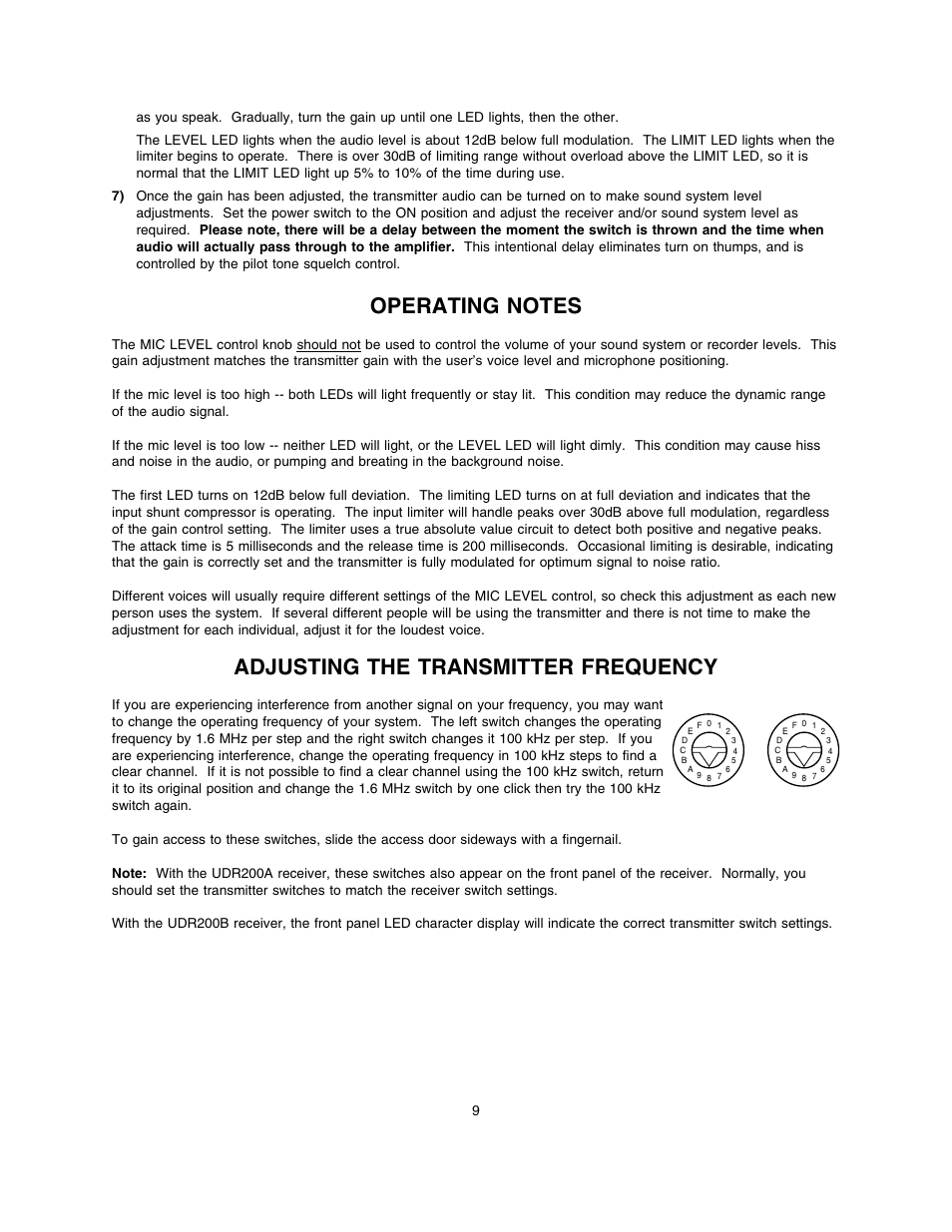 Operating notes, Adjusting the transmitter frequency | Lectrosonics UM200 User Manual | Page 9 / 14