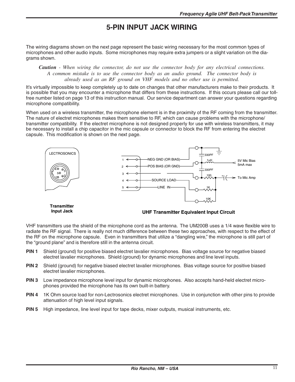Pin input jack wiring | Lectrosonics UM200b User Manual | Page 11 / 18