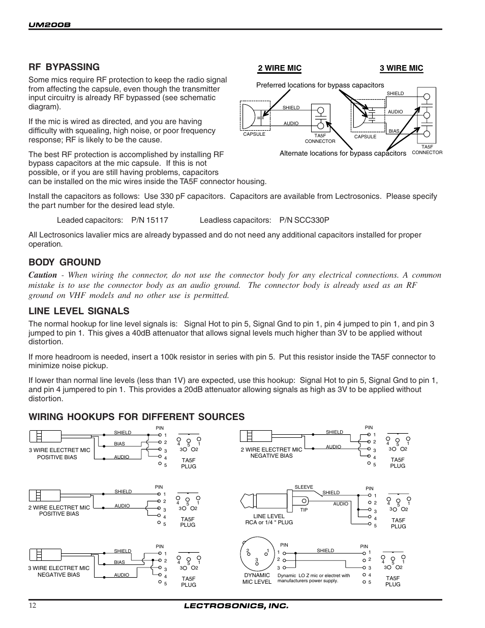 Rf bypassing, Body ground, Line level signals | Wiring hookups for different sources | Lectrosonics UM200b User Manual | Page 12 / 18