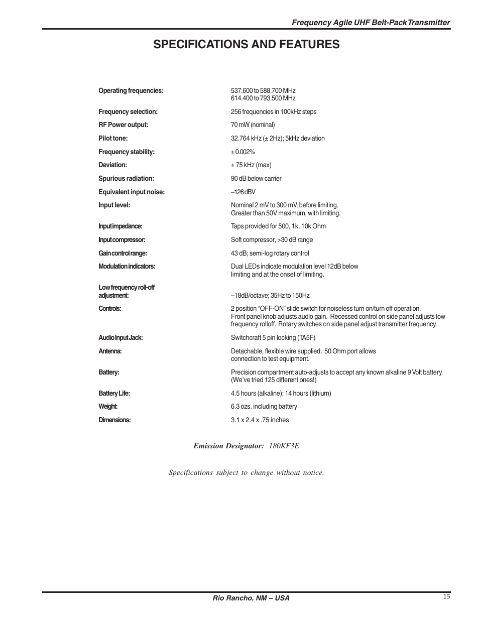 Specifications and features | Lectrosonics UM200b User Manual | Page 15 / 18