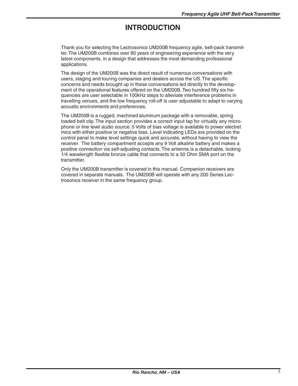 Introduction | Lectrosonics UM200b User Manual | Page 3 / 18
