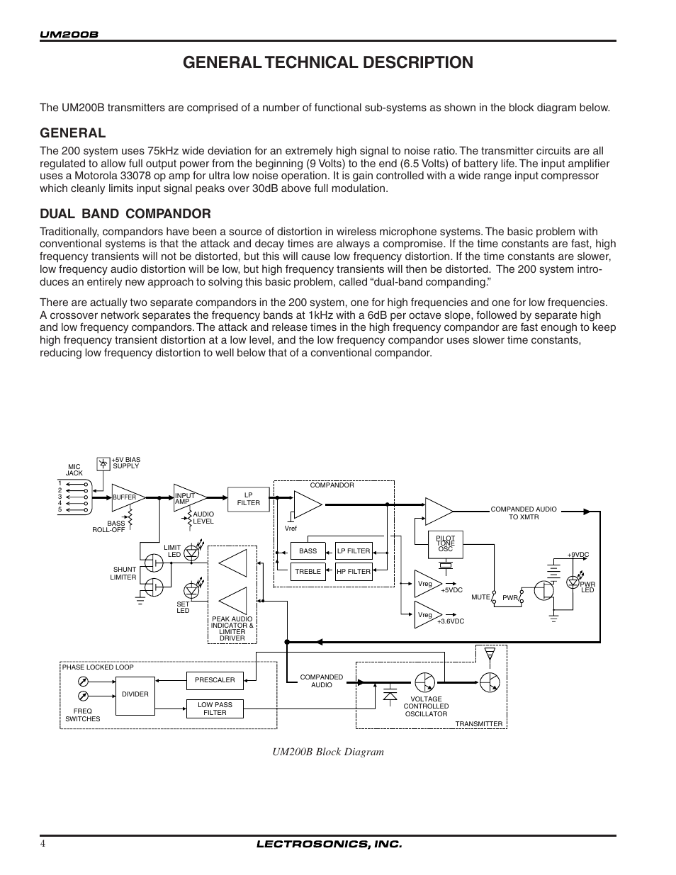General technical description, General, Dual band compandor | Um200b block diagram | Lectrosonics UM200b User Manual | Page 4 / 18