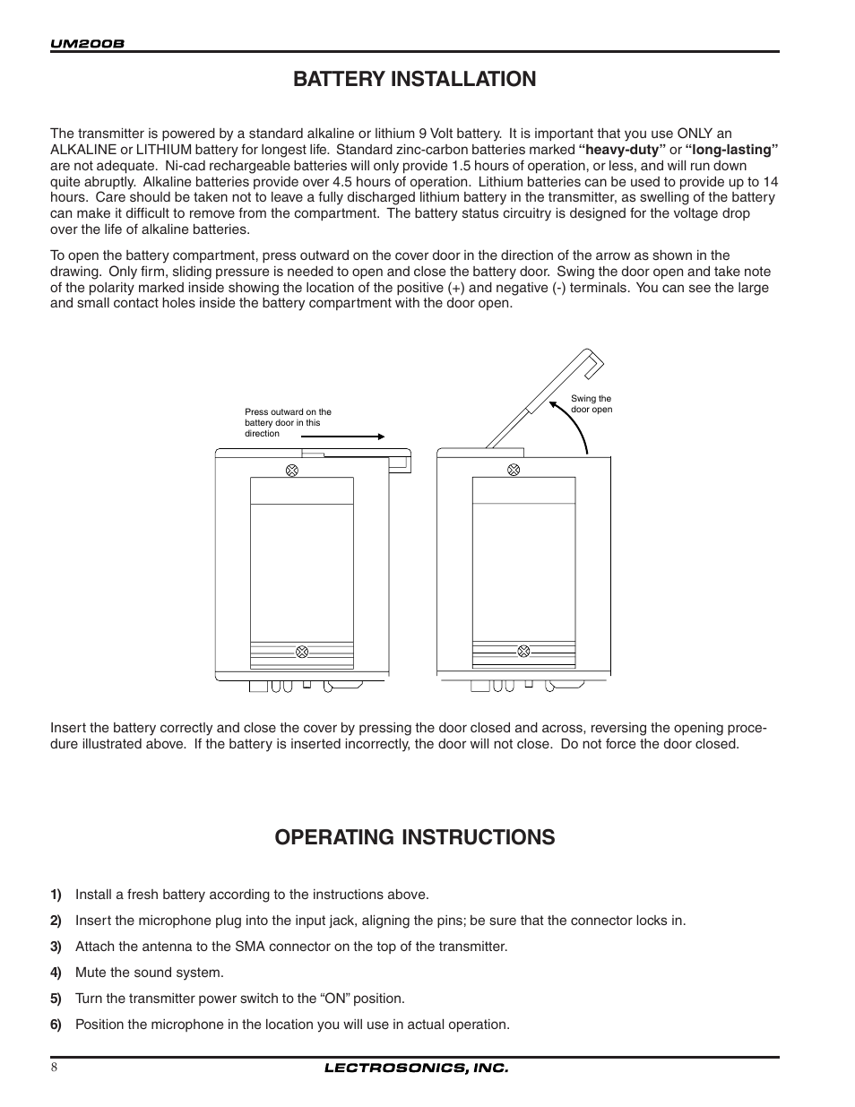 Battery installation, Operating instructions | Lectrosonics UM200b User Manual | Page 8 / 18