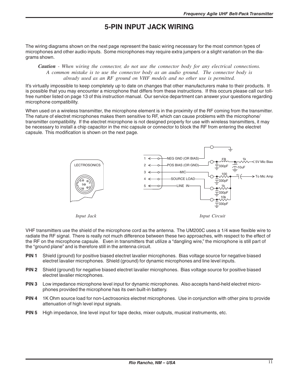 Pin input jack wiring | Lectrosonics UM200c User Manual | Page 11 / 16