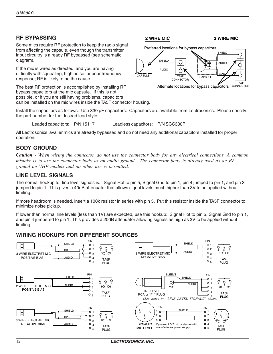 Rf bypassing, Body ground, Line level signals | Wiring hookups for different sources, Um200c, Lectrosonics, inc. 12 | Lectrosonics UM200c User Manual | Page 12 / 16