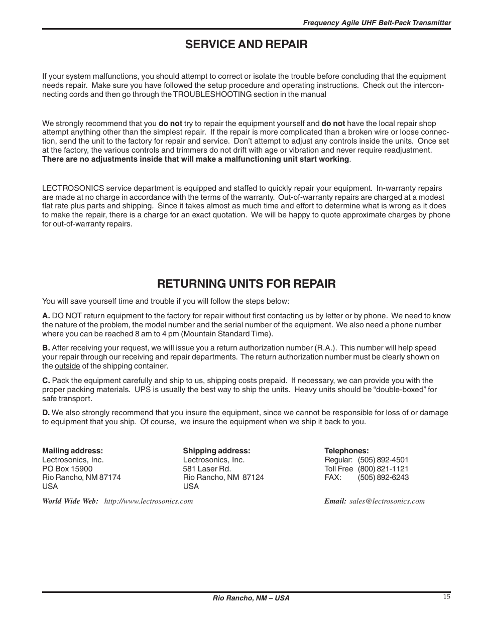 Service and repair, Returning units for repair | Lectrosonics UM200c User Manual | Page 15 / 16