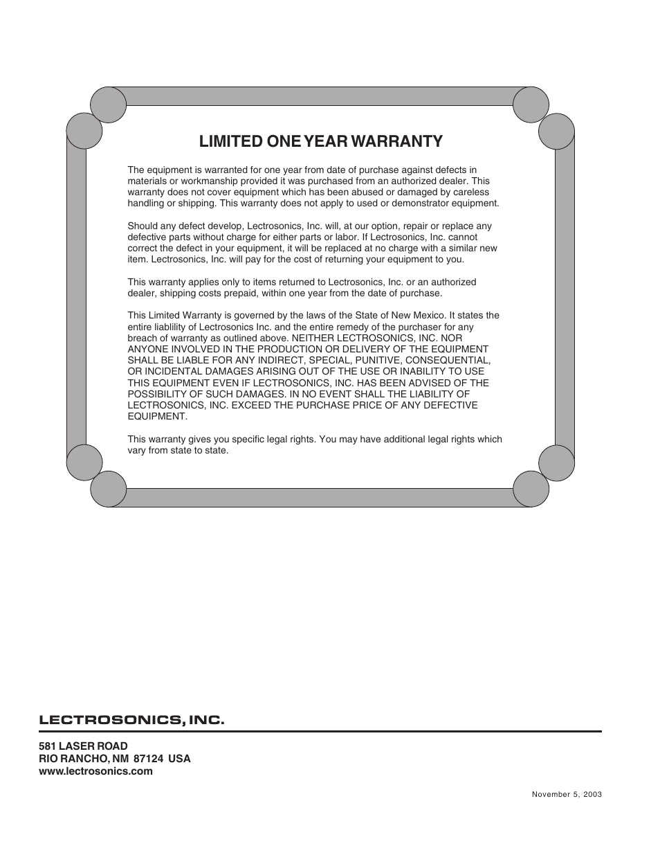 Limited one year warranty | Lectrosonics UM200c User Manual | Page 16 / 16