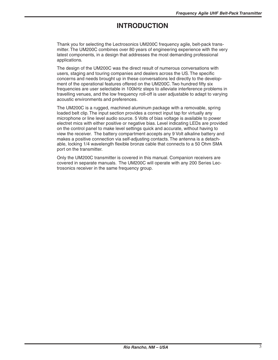 Introduction | Lectrosonics UM200c User Manual | Page 3 / 16