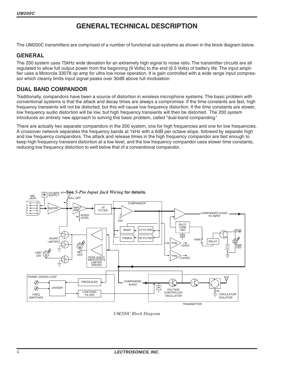 General technical description, General, Dual band compandor | Pin input jack wiring, Um200c block diagram, Um200c, For details, Lectrosonics, inc. 4 | Lectrosonics UM200c User Manual | Page 4 / 16