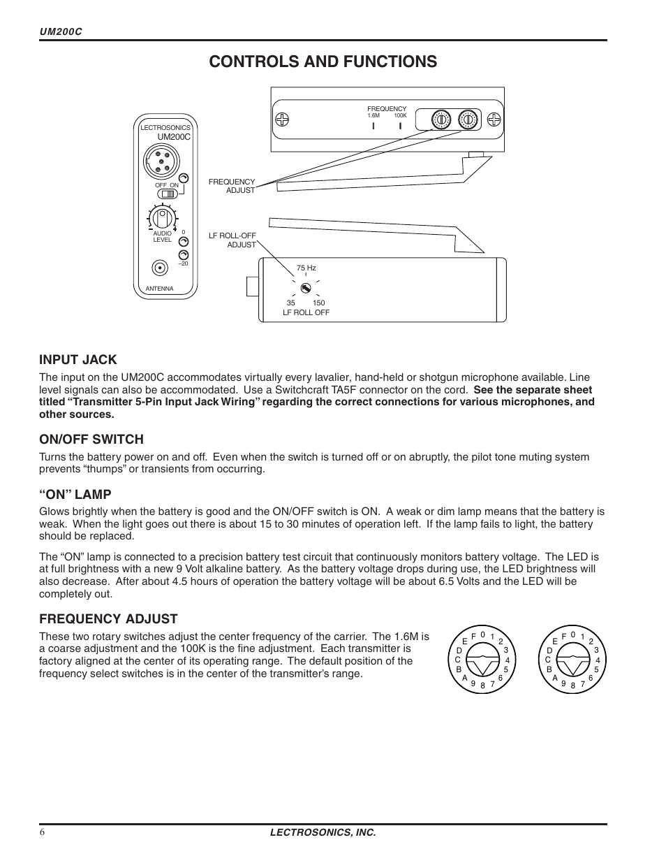 Controls and functions, Input jack, On/off switch | On” lamp, Frequency adjust, Um200c, Lectrosonics, inc. 6 | Lectrosonics UM200c User Manual | Page 6 / 16