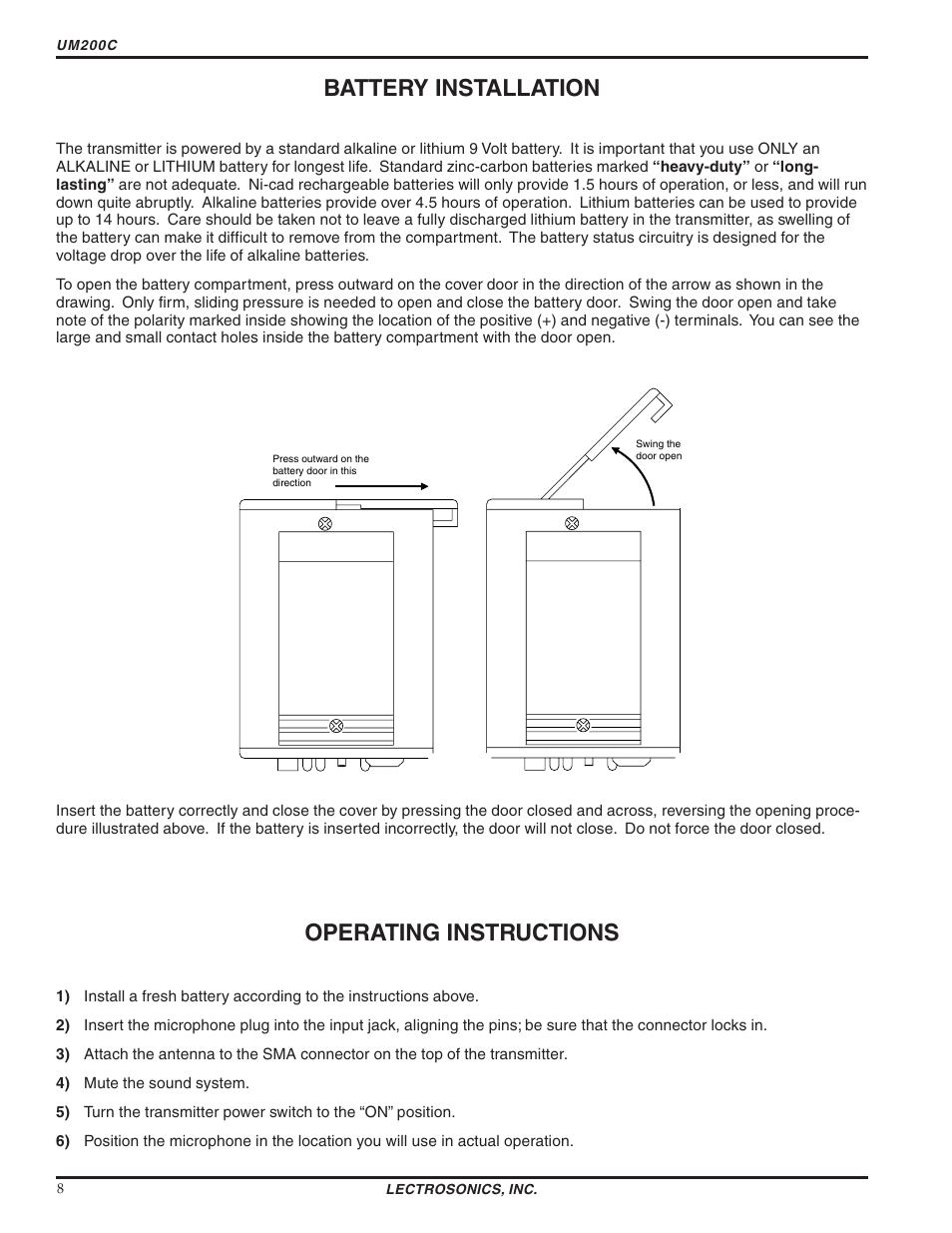 Battery installation, Operating instructions | Lectrosonics UM200c User Manual | Page 8 / 16