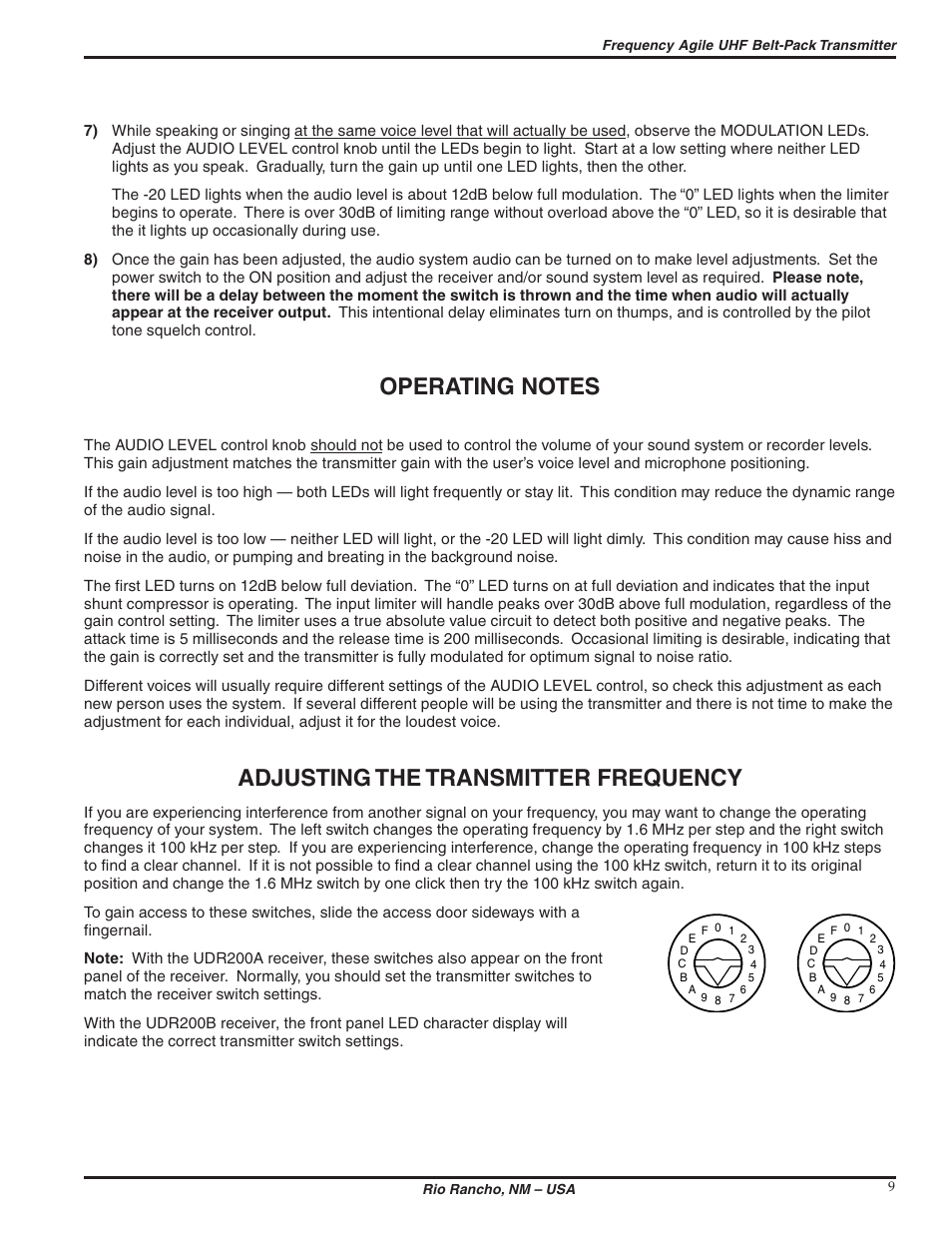 Adjusting the transmitter frequency | Lectrosonics UM200c User Manual | Page 9 / 16