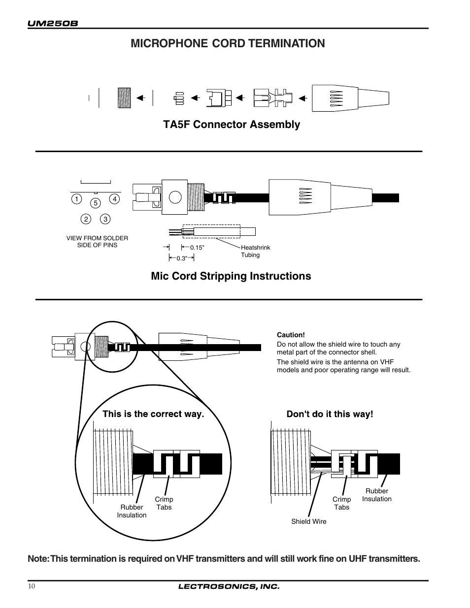 Microphone cord termination | Lectrosonics UM250b User Manual | Page 10 / 18