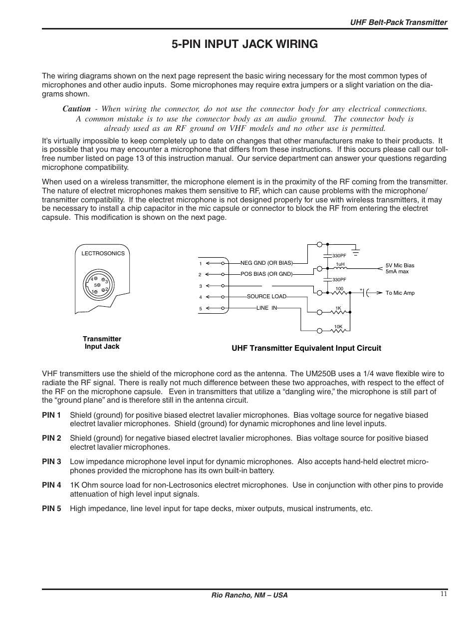 Pin input jack wiring | Lectrosonics UM250b User Manual | Page 11 / 18