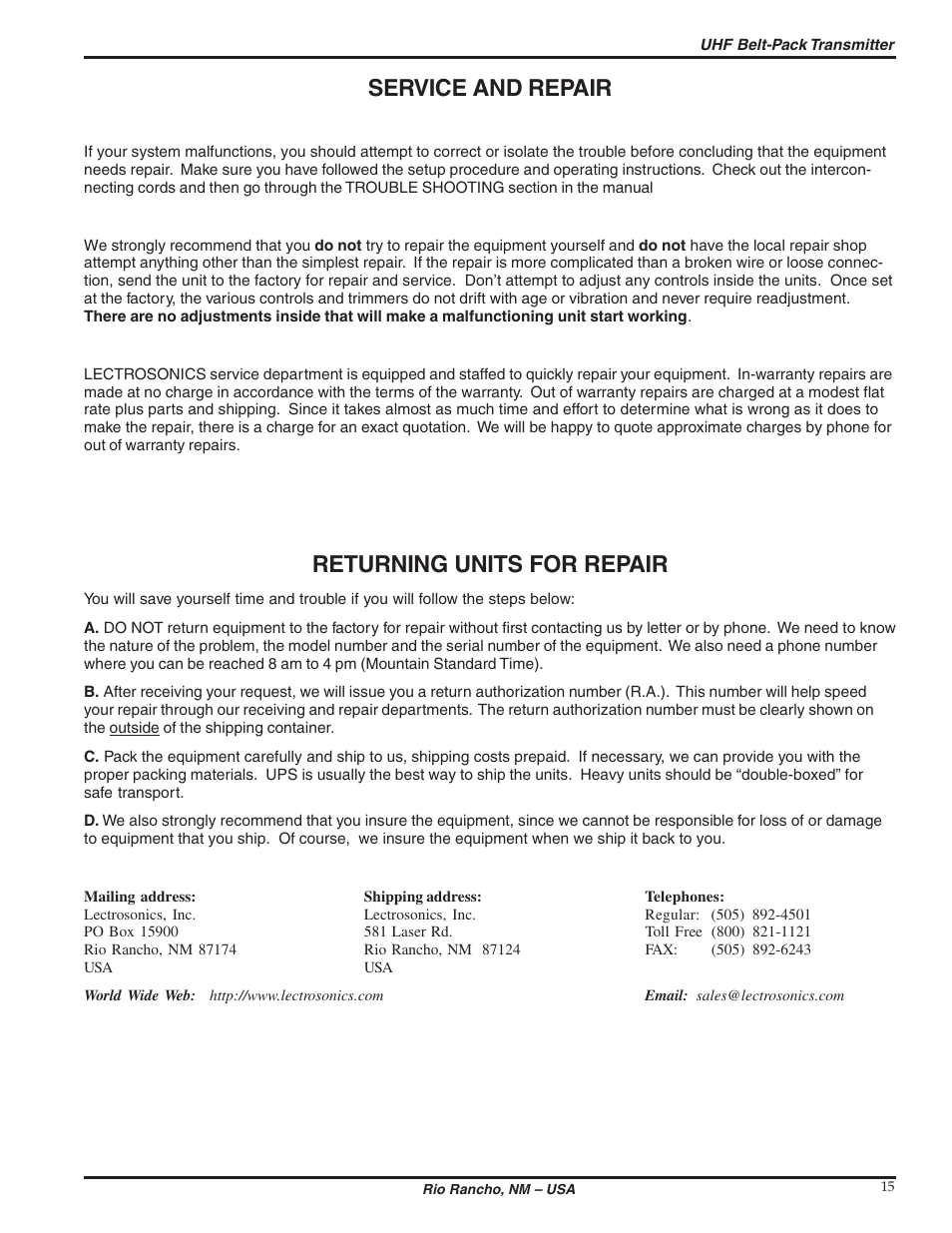 Service and repair, Returning units for repair | Lectrosonics UM250b User Manual | Page 15 / 18