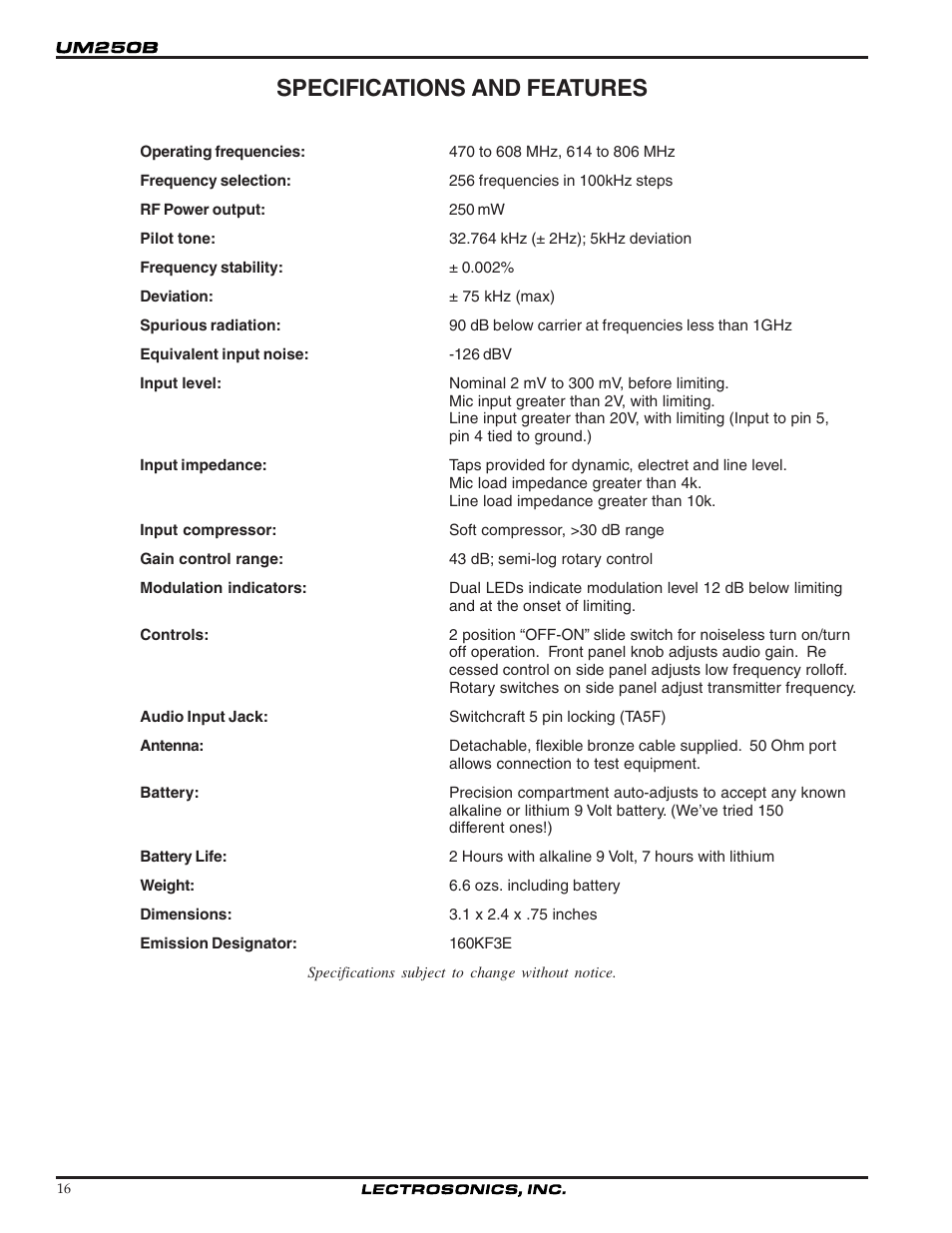 Specifications and features | Lectrosonics UM250b User Manual | Page 16 / 18