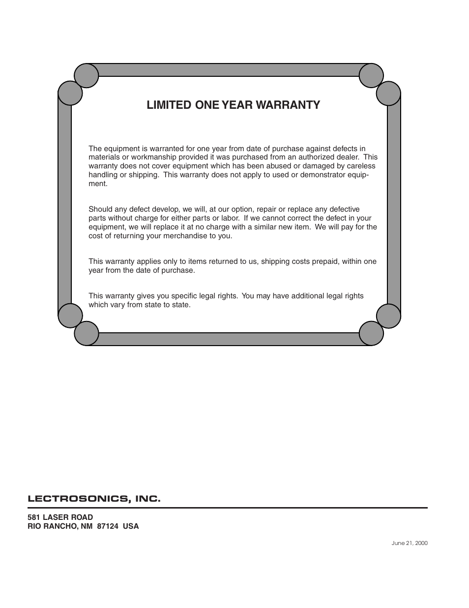 Limited one year warranty | Lectrosonics UM250b User Manual | Page 18 / 18